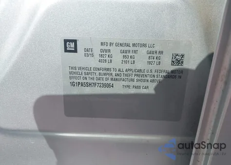 2015 Chevrolet Cruze Ls Auto из США, поврежденный, VIN 1G1PA5SH7F7239064